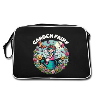 Garten Gartenfee Gärtnerin Gießkanne Blumen Sonne - Retro Tasche - Schwarz/Weiß - Hinten