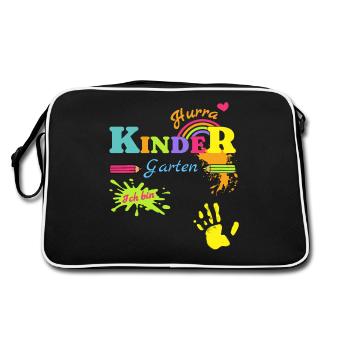 Kindergarten Hurra personalisiert Kinder Spruch - Retro Tasche - Schwarz/Weiß - Hinten