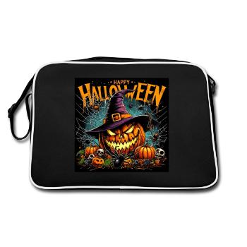 Halloween Kürbis Grimasse Hexenhut Spinne Horror - Retro Tasche - Schwarz/Weiß - Hinten
