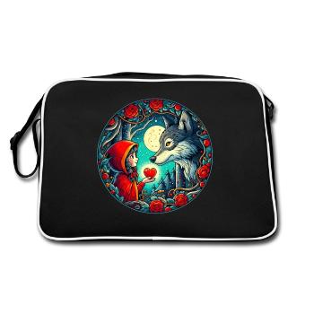 Märchen Rotkäppchen Wolf Kinder Herz Tierschutz - Retro Tasche - Schwarz/Weiß - Hinten