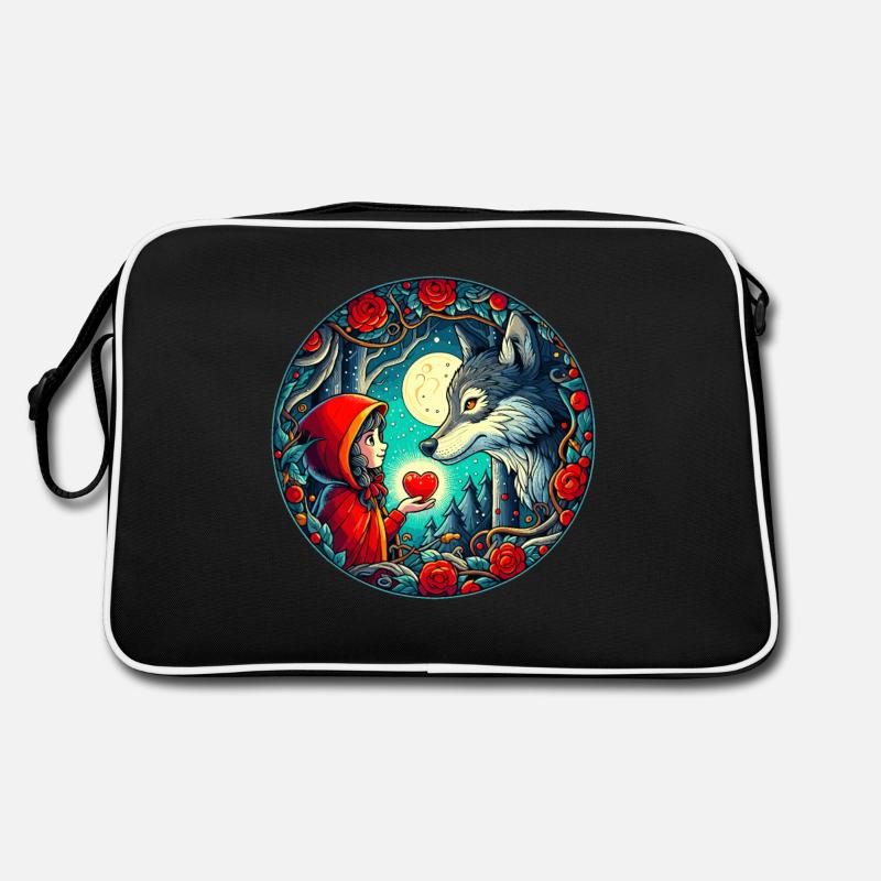 Märchen Rotkäppchen Wolf Kinder Herz Tierschutz - Retro Tasche - Schwarz/Weiß