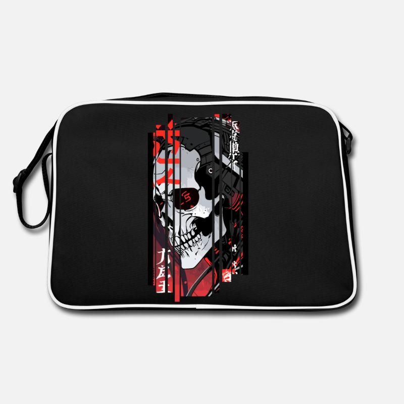 Cyborg schwarzer Kanji-Schädel Retro Tasche