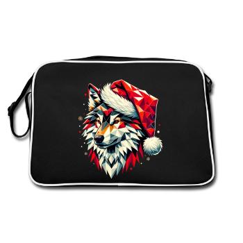 Polygon Kunst Wolf trägt Weihnachtsmütze Original - Retro Tasche - Schwarz/Weiß - Hinten