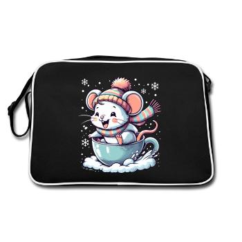 Niedliche Maus in Tasse fährt Schlitten auf Schnee - Retro Tasche - Schwarz/Weiß - Hinten