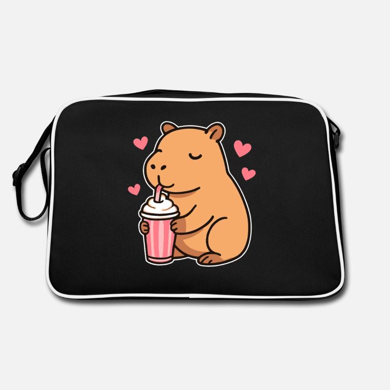 Capybara mit Milkshake – Süßes Tierdesign - Retro Tasche - Schwarz/Weiß