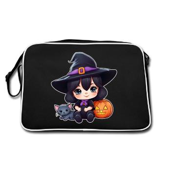 Cute witch with black cat and pumpkin - Retro Bag - black/white - Back