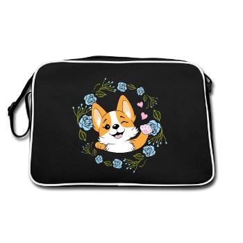 Winkender glücklicher Corgi-Hund im Blumenkranz - Retro Tasche - Schwarz/Weiß - Hinten