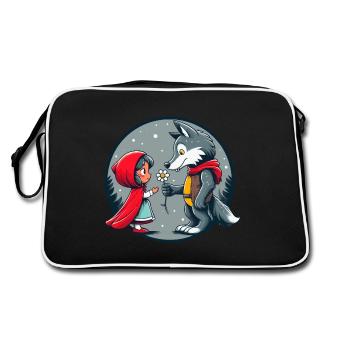Rotkäppchen Wolf Märchen Kinder Blume Märchenfigur - Retro Tasche - Schwarz/Weiß - Hinten