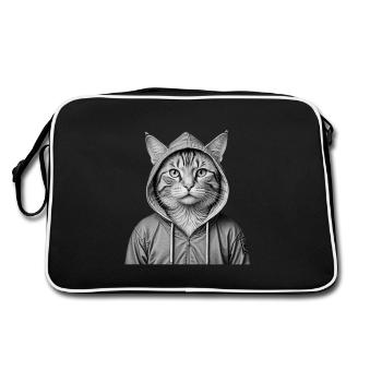 Coole Katze mit Kapuzenpullover - Retro Tasche - Schwarz/Weiß - Hinten