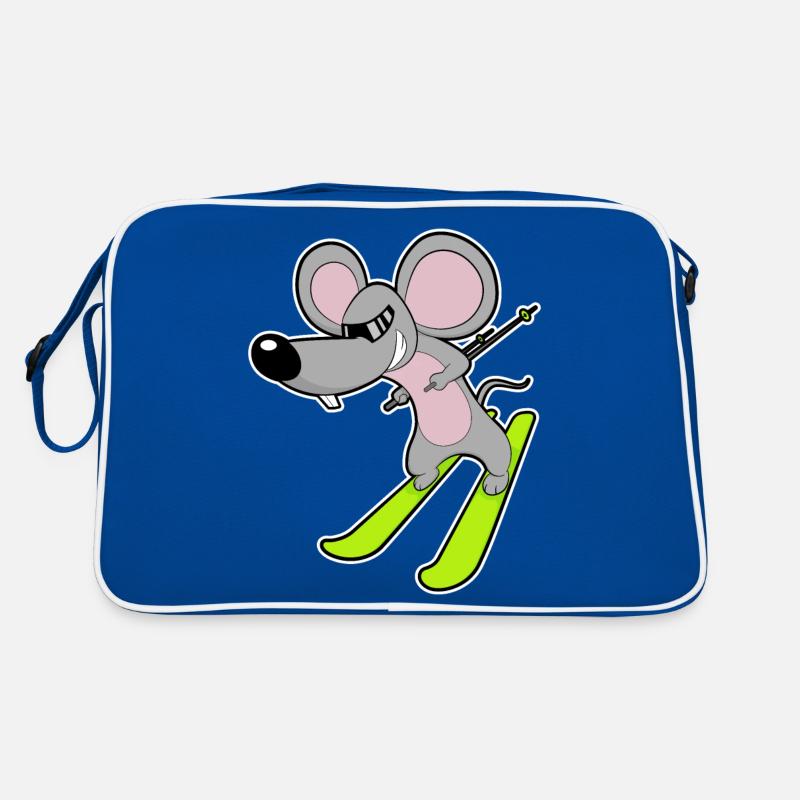 Maus als Skifahrer mit Skier Retro Tasche