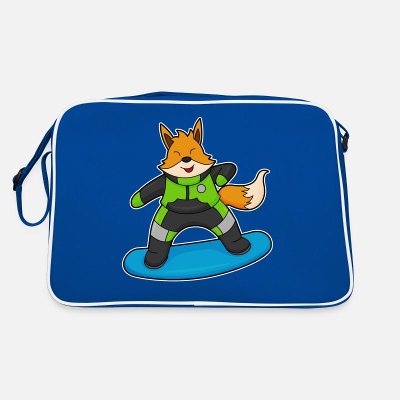 Fuchs als Snowboarder mit Snowboard Retro Tasche