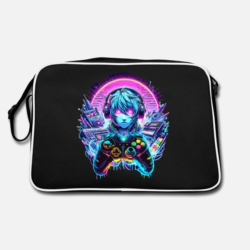 Gamer Headset Anime Synthwave Art - Retro Tasche - Schwarz/Weiß