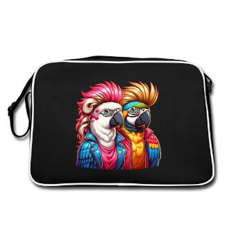 Bunt illustrierte Papageien mit Punkfrisuren - Retro Tasche - Schwarz/Weiß - Hinten