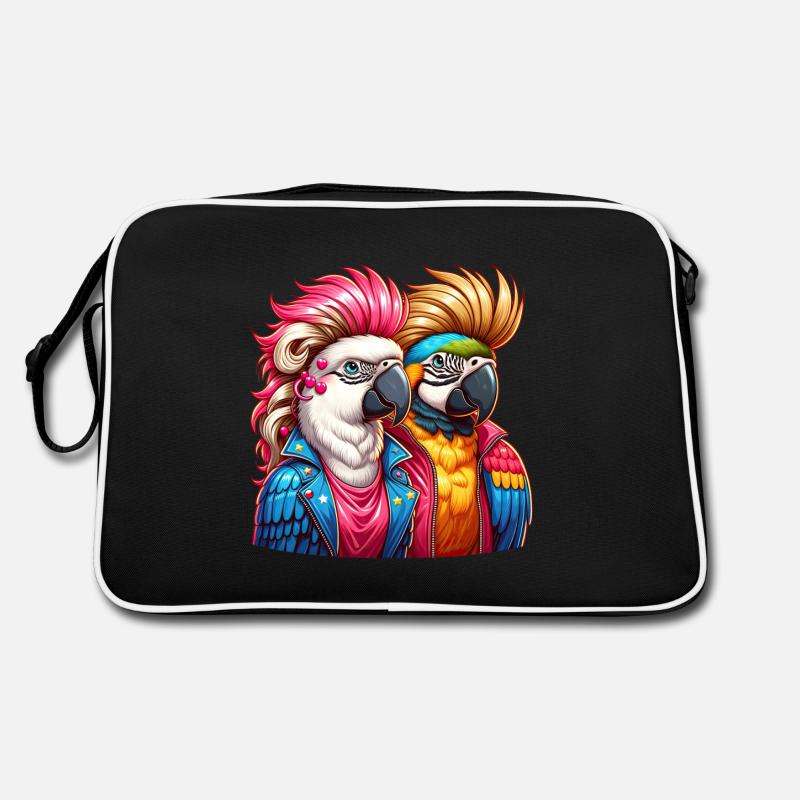 Perroquets illustrés colorés avec des coiffures punk - Sac Retro - noir/blanc