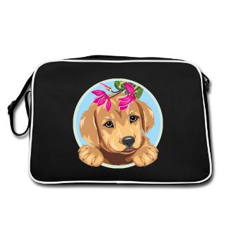 Jeter un coup d’œil curieux chien Golden Retriever avec des fleurs - Sac Retro - noir/blanc - Dos