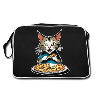 Katze loves Pizza - Retro Tasche - Schwarz/Weiß - Hinten
