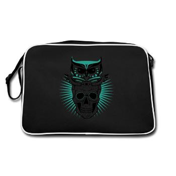 Eulen Symbol auf einem Totenkopf Schädel Geschenk - Retro Tasche - Schwarz/Weiß - Hinten