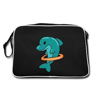 Dolphin with swim ring vintage style vacation ocean - Retro Bag - black/white - Back