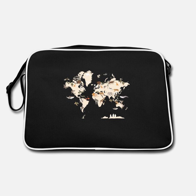 Weltkarte mit Tieren - World Map With Animals - Retro Tasche - Schwarz/Weiß