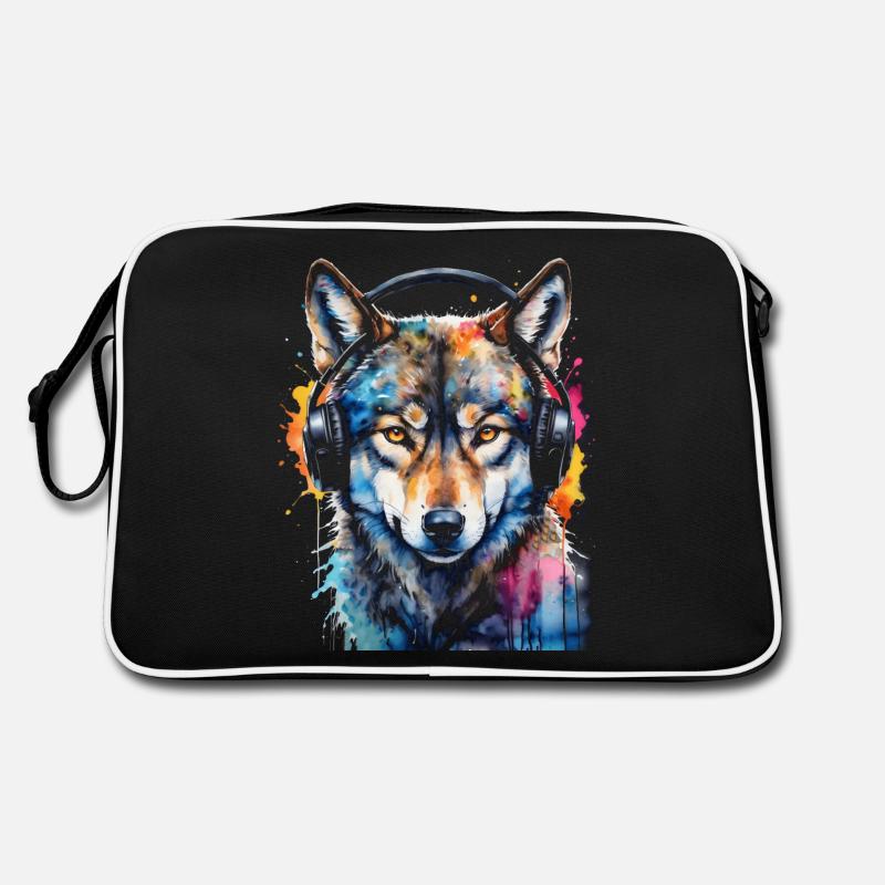 Wolf Kopfhörer Musik Bunt Tier Design Print - Retro Tasche - Schwarz/Weiß