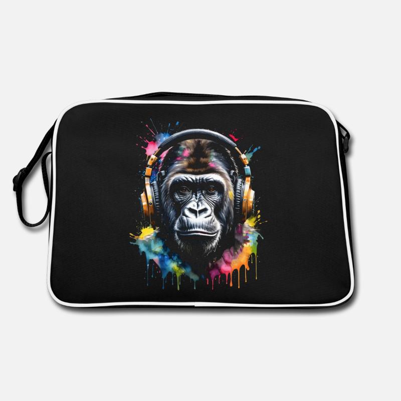 Gorilla Kopfhörer Affe Bunt Tier Design Print - Retro Tasche - Schwarz/Weiß