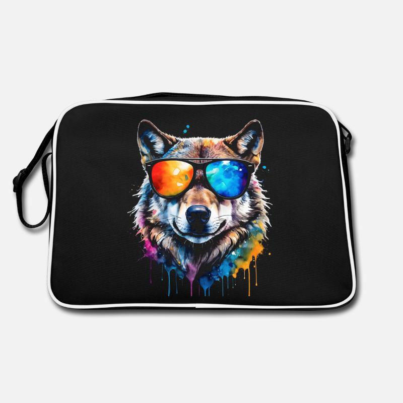 Wolf Sonnenbrille Bunt Tier Design Print - Retro Tasche - Schwarz/Weiß
