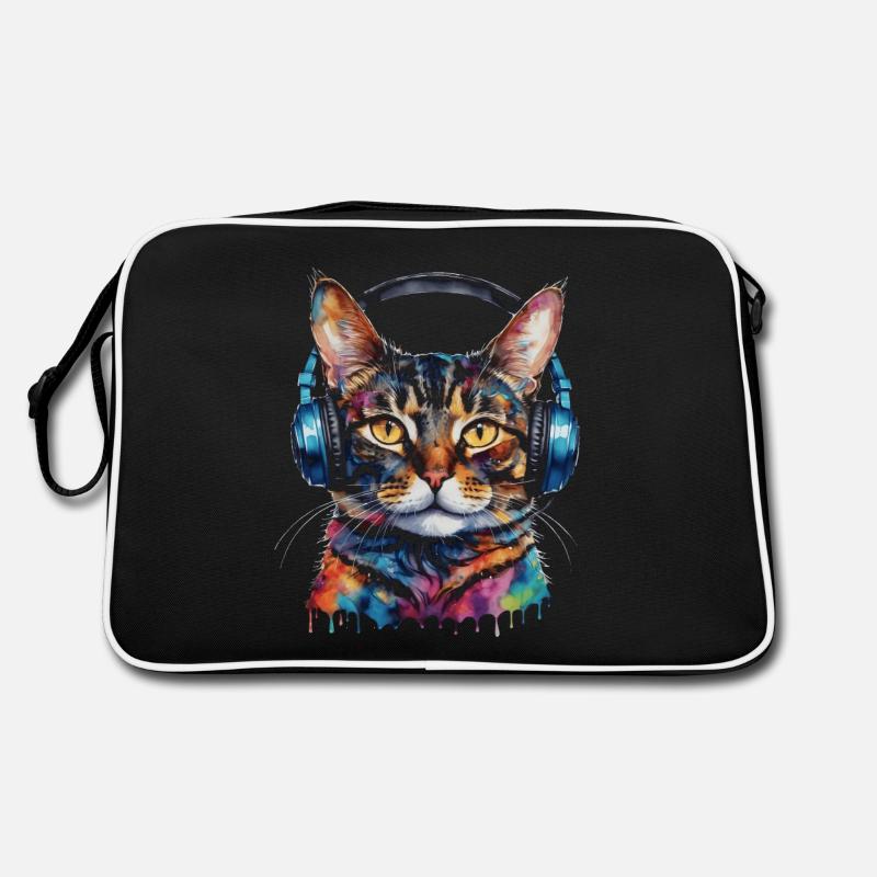 Katze Kopfhörer Bunt Lustig Tier Design Print Retro Tasche