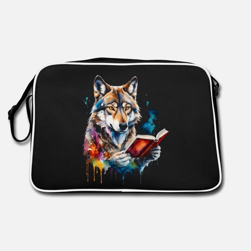 Wolf Lesen Buch Bunt Tier Design Print - Retro Tasche - Schwarz/Weiß
