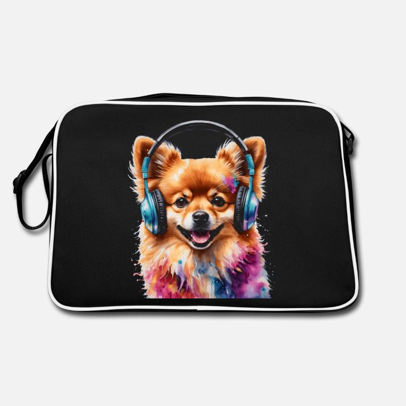 Pomeranian Zwergspitz Kopfhörer Hund Print - Retro Tasche - Schwarz/Weiß