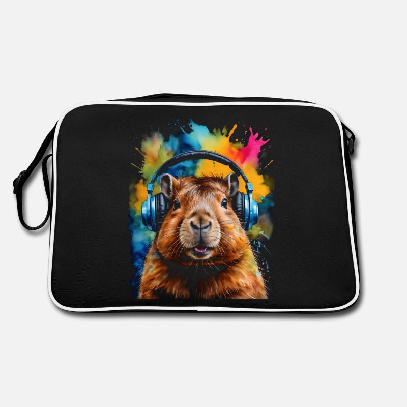 Capybara Kopfhörer Capy Bunt Tier Design Print - Retro Tasche - Schwarz/Weiß