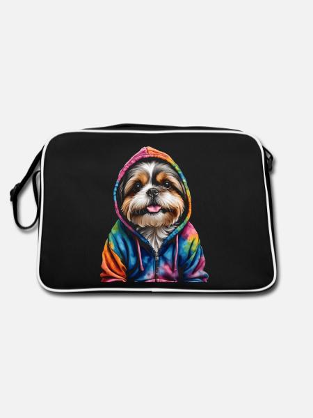 Shih Tzu Hoodie Hund Bunt Lustig Tier Design Print - Retro Tasche - Schwarz/Weiß - Hinten