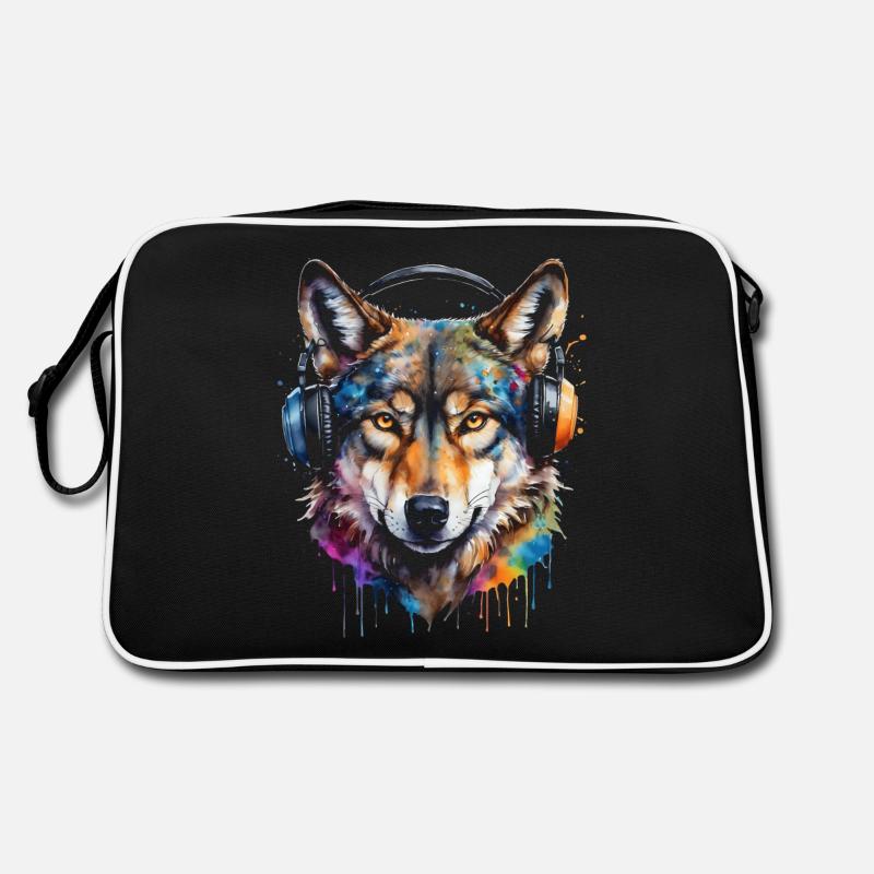 Wolf Kopfhörer Musik Bunt Tier Design Print - Retro Tasche - Schwarz/Weiß