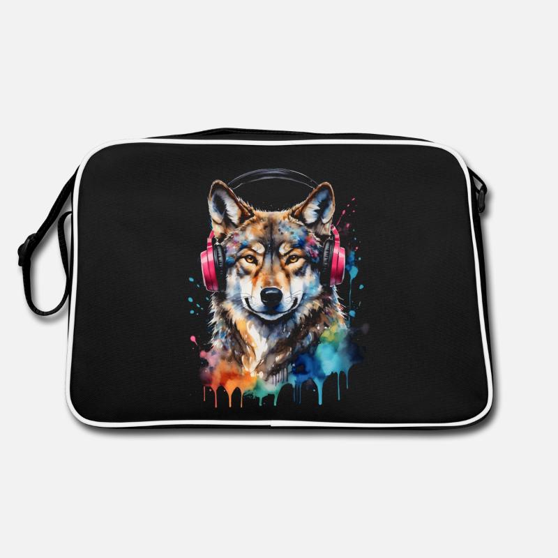 Wolf Kopfhörer Musik Bunt Tier Design Print Retro Tasche