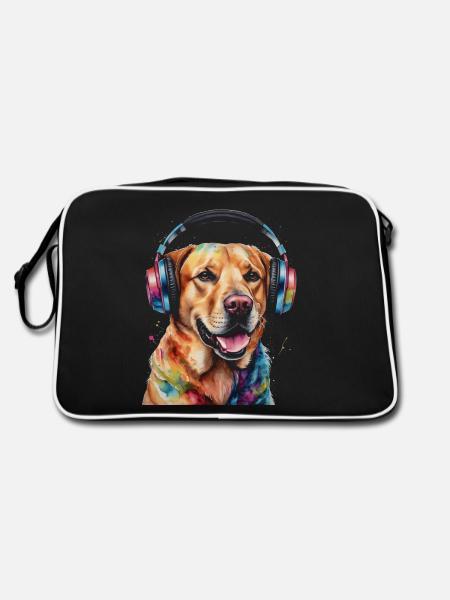 Labrador Retriever Kopfhörer Hund Tier Print - Retro Tasche - Schwarz/Weiß - Hinten
