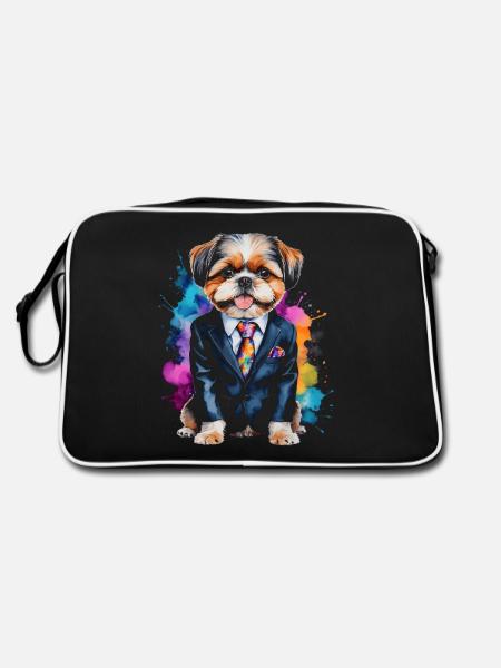Shih Tzu Suit Dog Colorful Funny Animal Design Print - Retro Bag - black/white