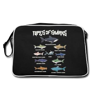 Types of sharks, Megaldon, Black Tip, Tiger Shark - Retro Tasche - Schwarz/Weiß - Hinten