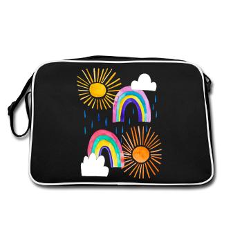 Regenbogen, Wolken, Sonne, Regen in bunten Farben - Retro Tasche - Schwarz/Weiß - Hinten