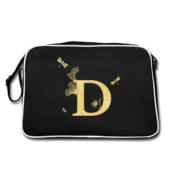 Buchstabe d Goldene Glitzerlibelle - Geschenkidee - Retro Tasche - Schwarz/Weiß - Hinten