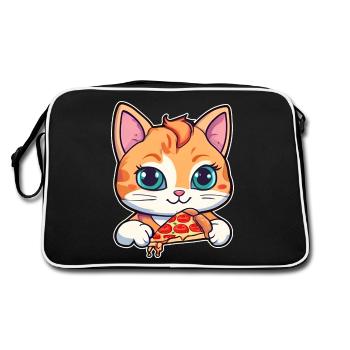 Katze loves Pizza - Retro Tasche - Schwarz/Weiß - Hinten
