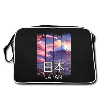 Berg Fuji Kirschblüte Ansicht – Anime Shirt - Retro Tasche - Schwarz/Weiß - Hinten