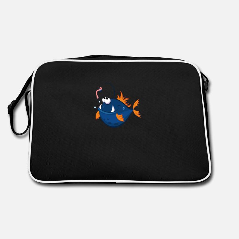 Design de pêcheur. Un poisson mignon avec un petit ver. Sac Retro