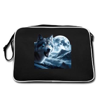 Wolf with blue eyes at full moon - Retro Bag - black/white - Back