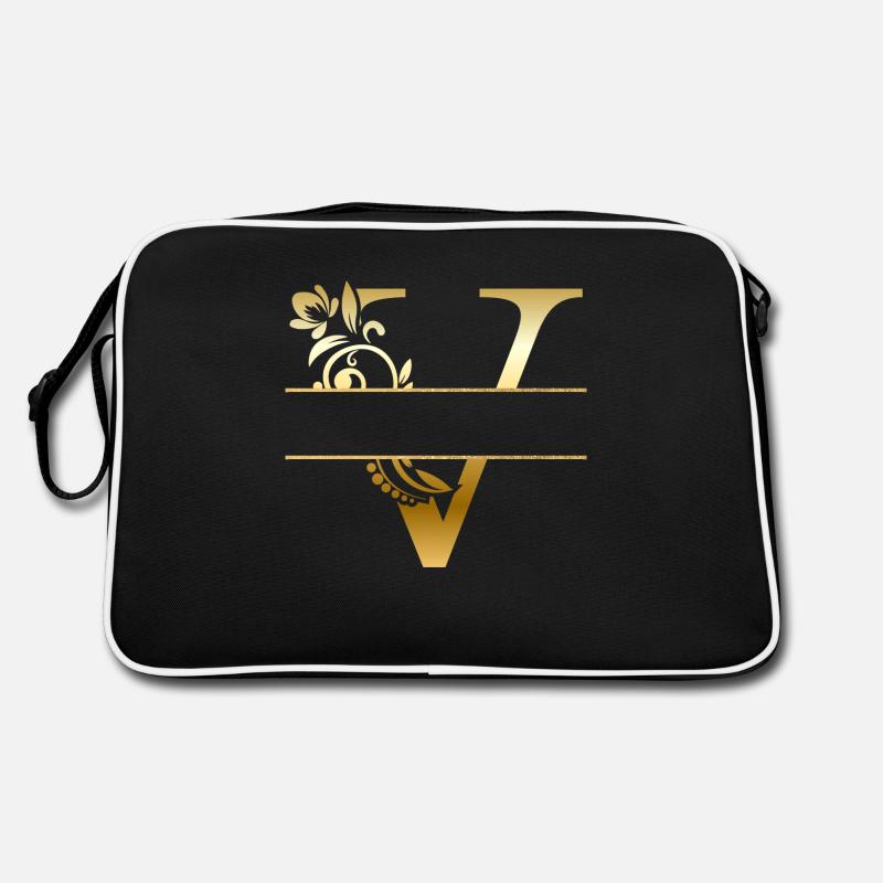 Personalisierter goldener Blumenbuchstabe V - Geschenkidee Retro Tasche