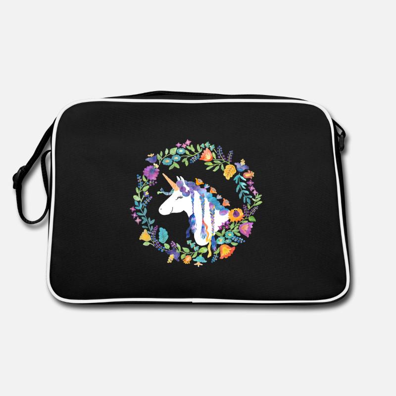 Einhorn Blumen - Retro Tasche - Schwarz/Weiß