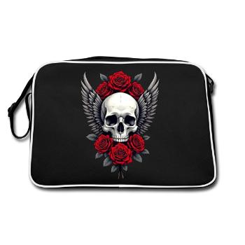 Winged skull & red roses, gothic, skull - Retro Bag - black/white - Back