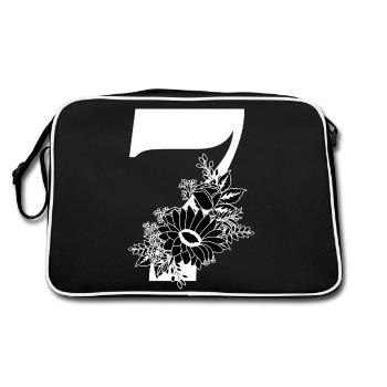 Nummer 7 Schwarze Blumen - 7. Blumenjubiläum - Retro Tasche - Schwarz/Weiß - Hinten
