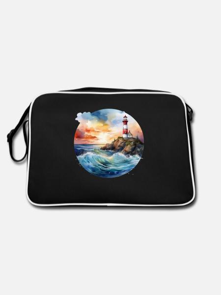 Phare majestueux au coucher du soleil avec des vagues déferlantes - Sac Retro - noir/blanc - Dos