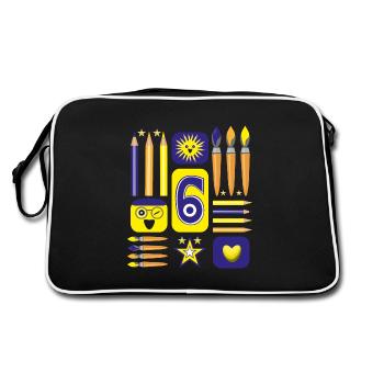 6 / Blaue sechs mit Herz zum Kindergeburtstag. - Retro Tasche - Schwarz/Weiß - Hinten