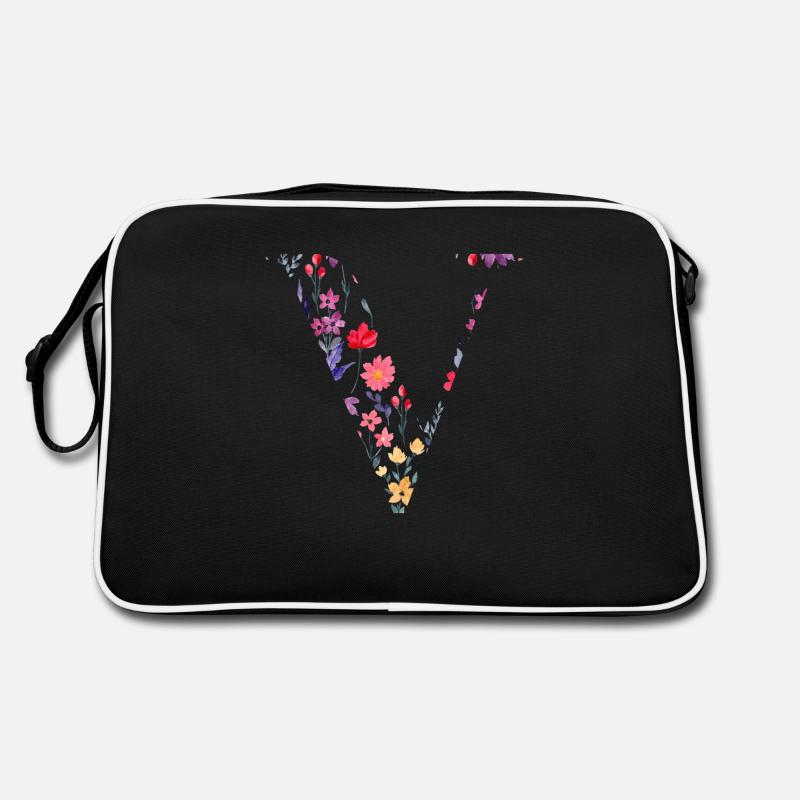 Personalisierter Blumenbuchstabe V - Geschenkidee - Retro Tasche - Schwarz/Weiß