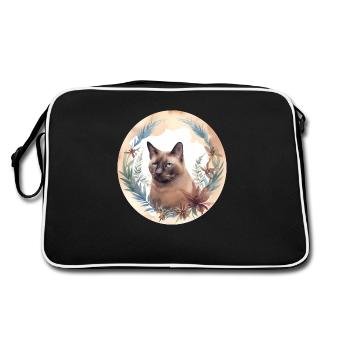 Burmesische Katze Boho Elemente, Katzen - Retro Tasche - Schwarz/Weiß - Hinten
